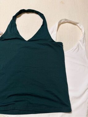 NWOT LOFT Dark Green & White Halter V-Neck Tank Tops Size Large